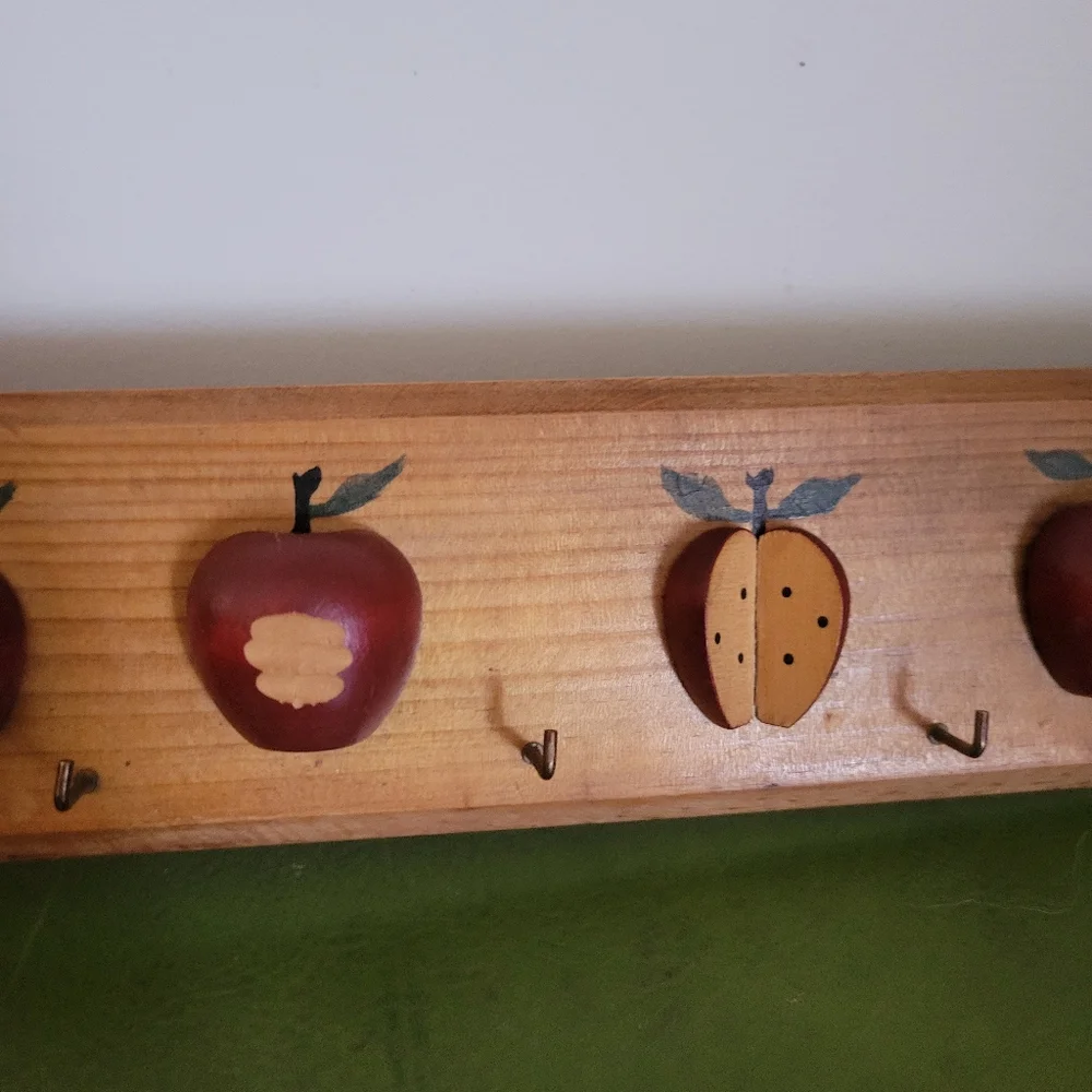 Red Apple Wooden Wall Hook Rack - Rustic Home Wall Decor